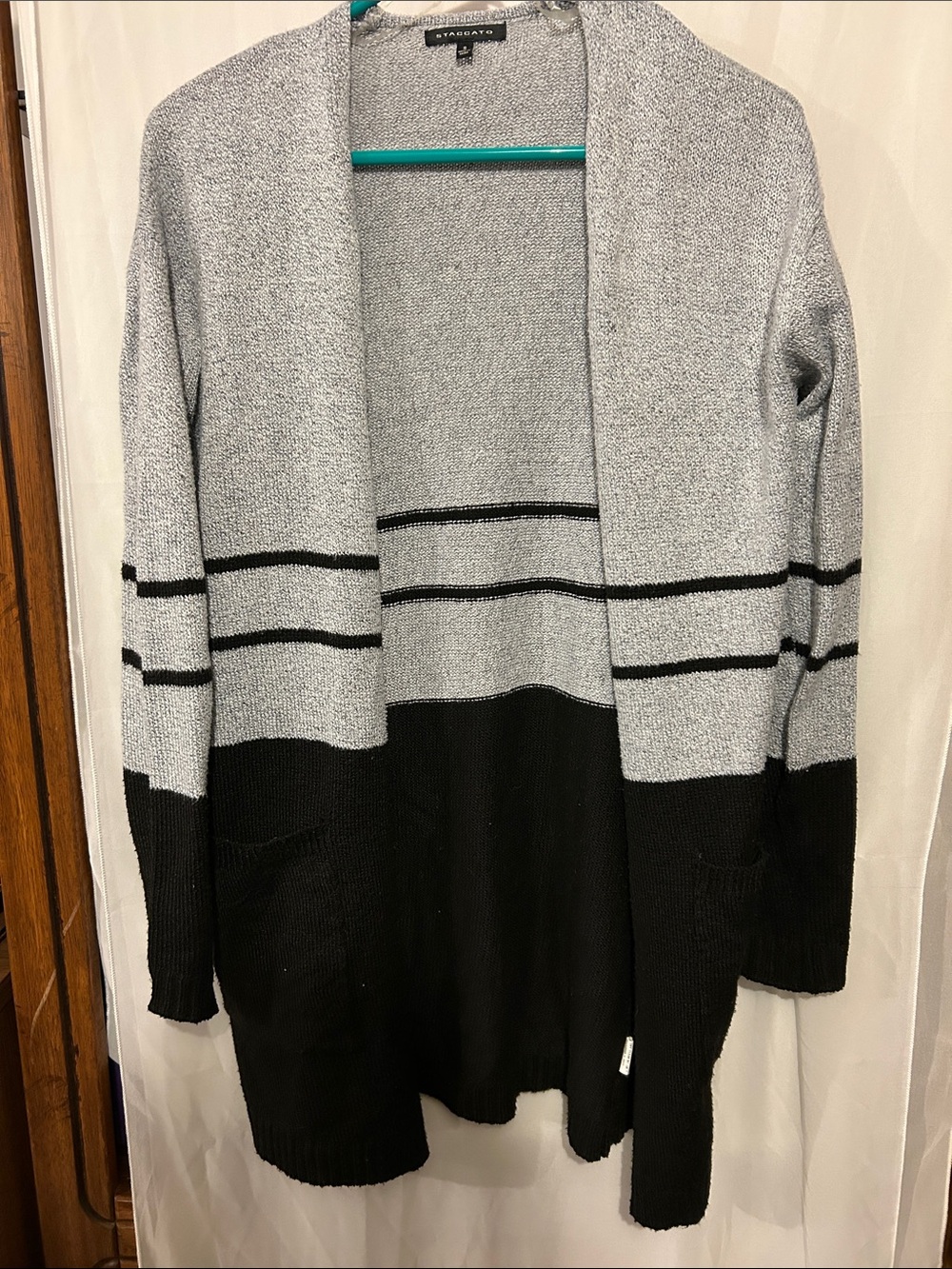 Staccato Gray and Black Open Front Striped Cardigan
